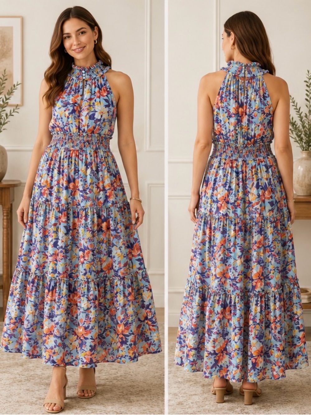 Taylor Floral Smocked Halter Maxi Dress Size 8 Blue Multicolor Tiered NWT